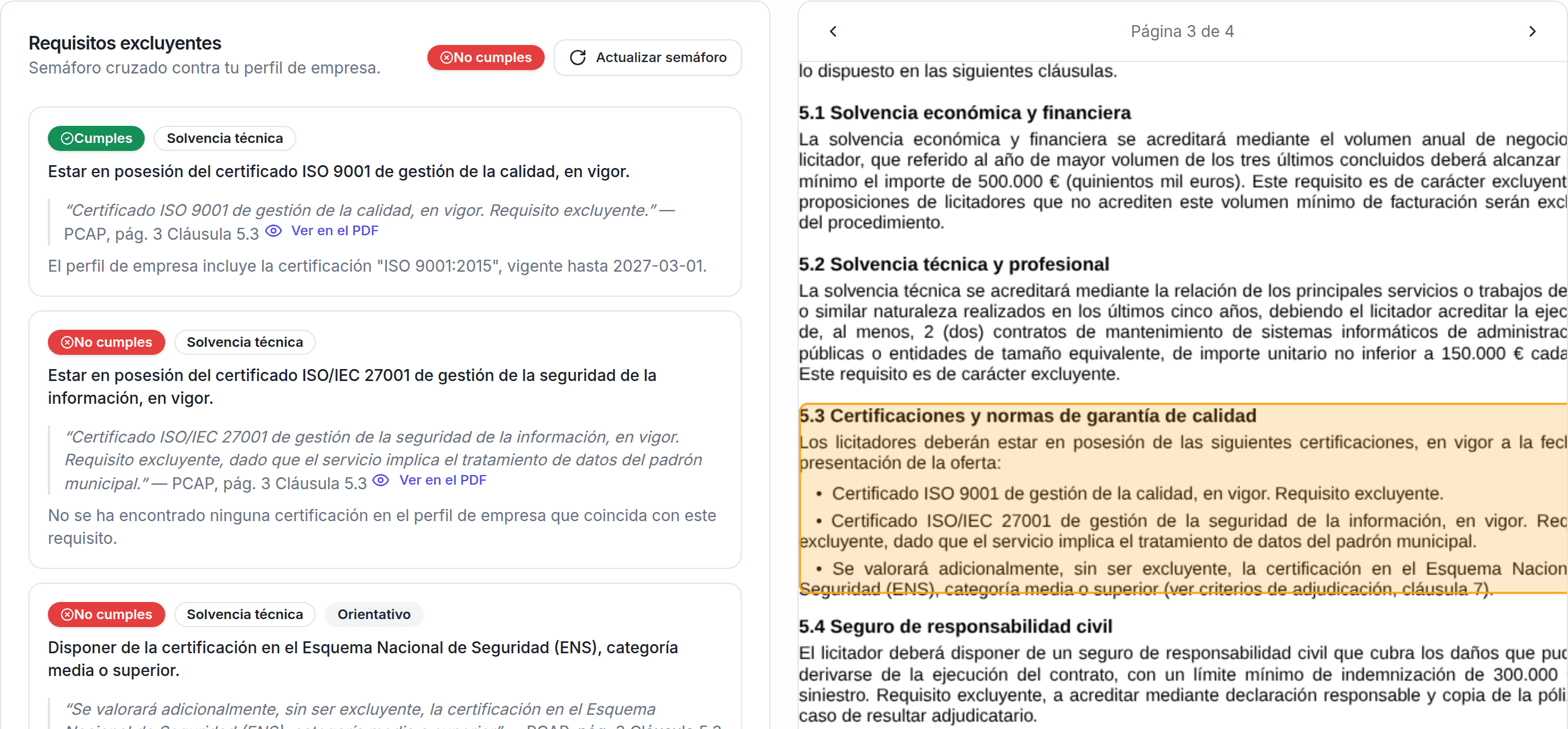 Captura real de Licitium: al hacer clic en un requisito de solvencia, se abre el pliego original con la cláusula exacta resaltada en amarillo.